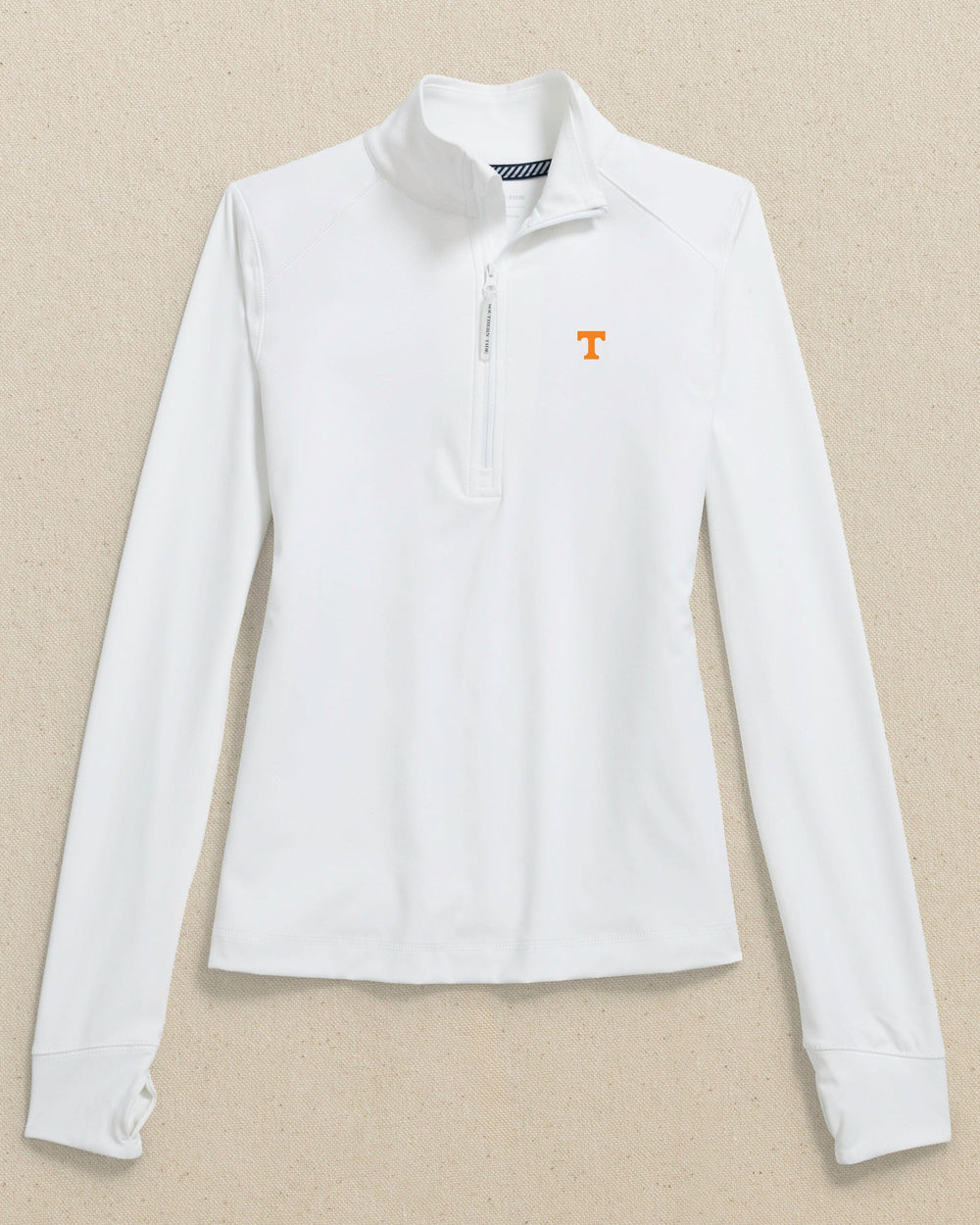 The front view of the Southern Tide Tennessee Vols Women's Runaround Quarter Zip by Southern Tide - Classic White