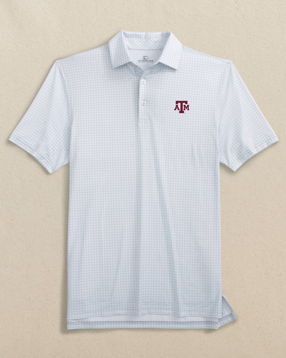 The front view of the Southern Tide Texas A&M Aggies Driver Dunes Edge Plaid Polo by Southern Tide - Slate Grey