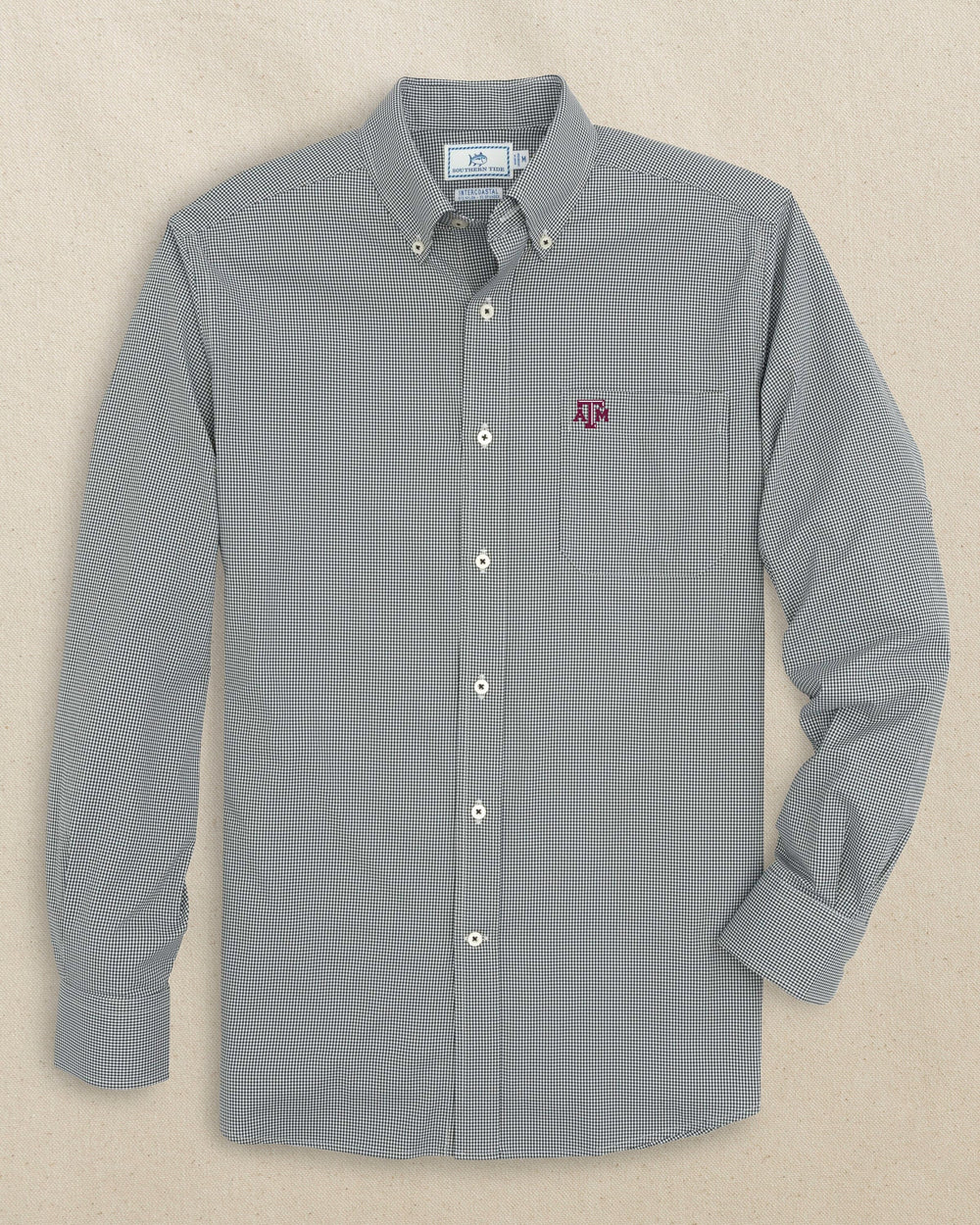 The front view of the Southern Tide Texas A&M Aggies Gingham Button Down Shirt by Southern Tide - Black