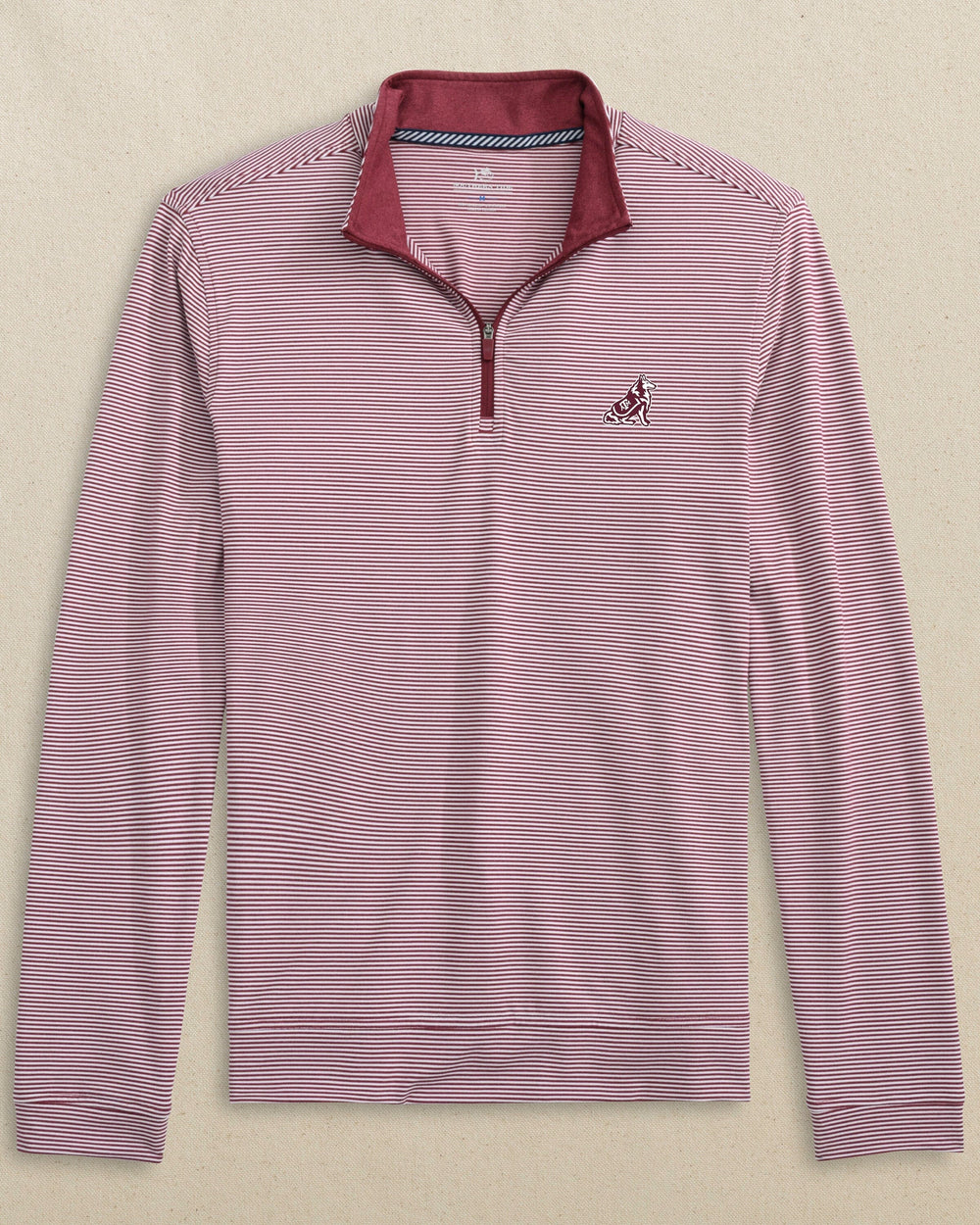 The front view of the Southern Tide Texas A&M Reveille Cruiser Micro-Stripe Heather Quarter Zip by Southern Tide - Heather Chianti