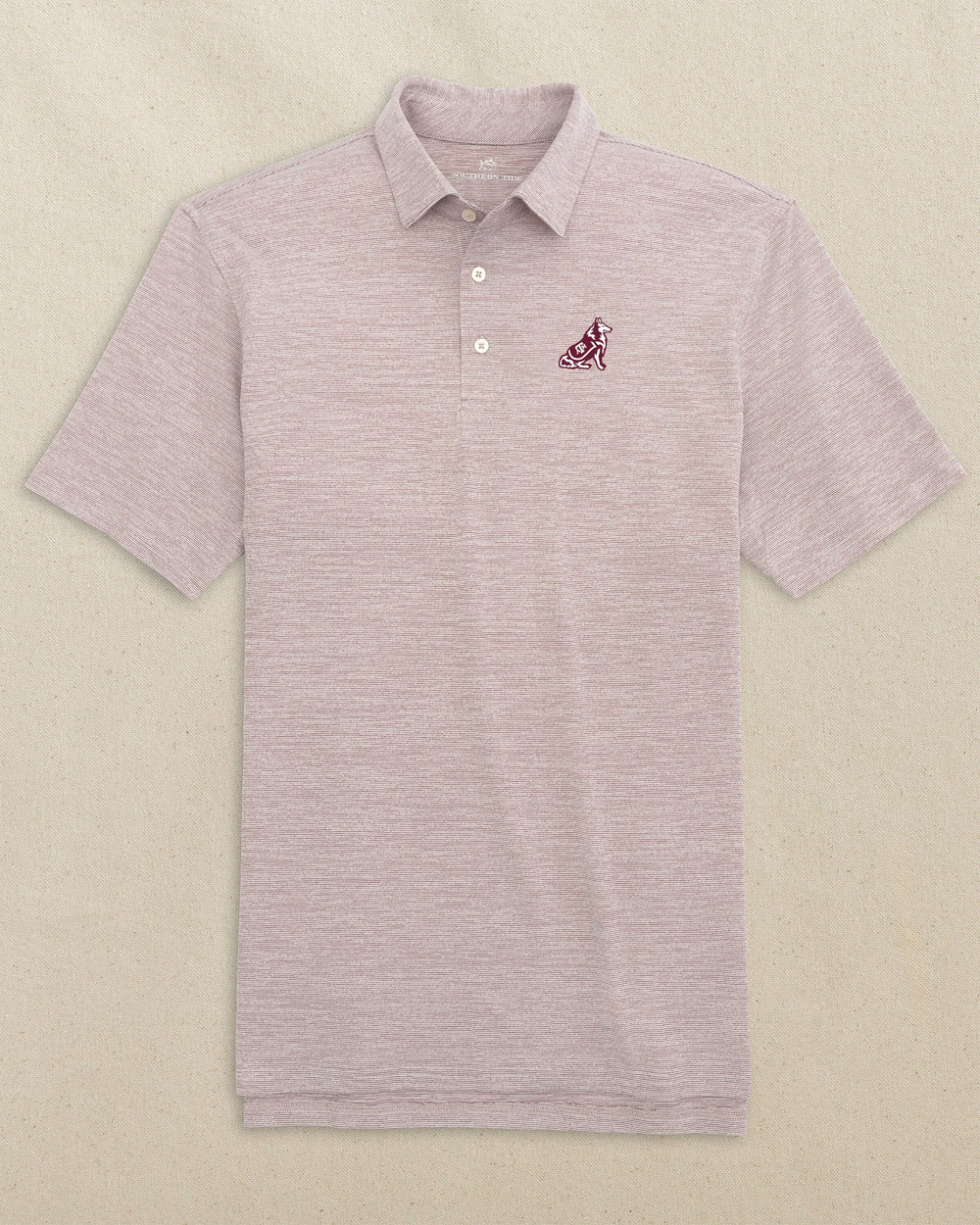 The front view of the Southern Tide Texas A&M Reveille Driver Spacedye Polo by Southern Tide - Chianti