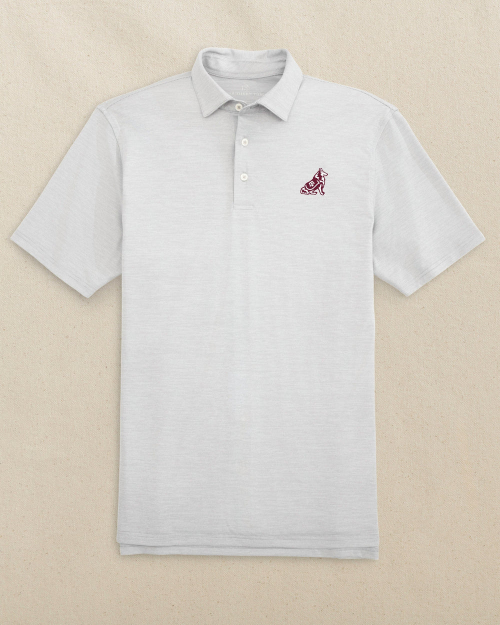 The front view of the Southern Tide Texas A&M Reveille Driver Spacedye Polo by Southern Tide - Slate Grey