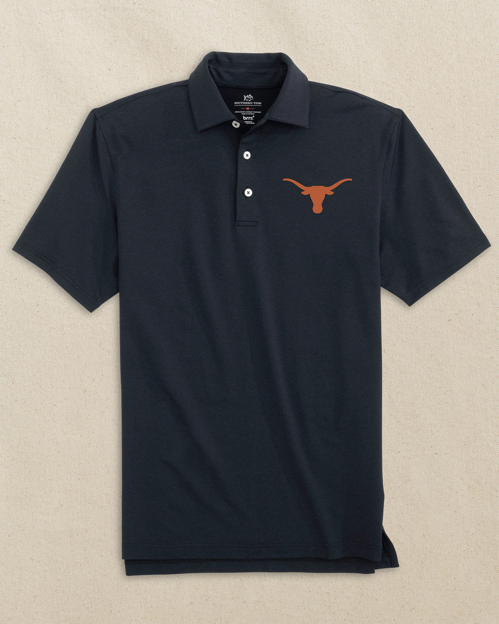 The front view of the Southern Tide Texas Longhorns brrr°®-eeze Heather Performance Polo by Southern Tide - Heather Caviar Black