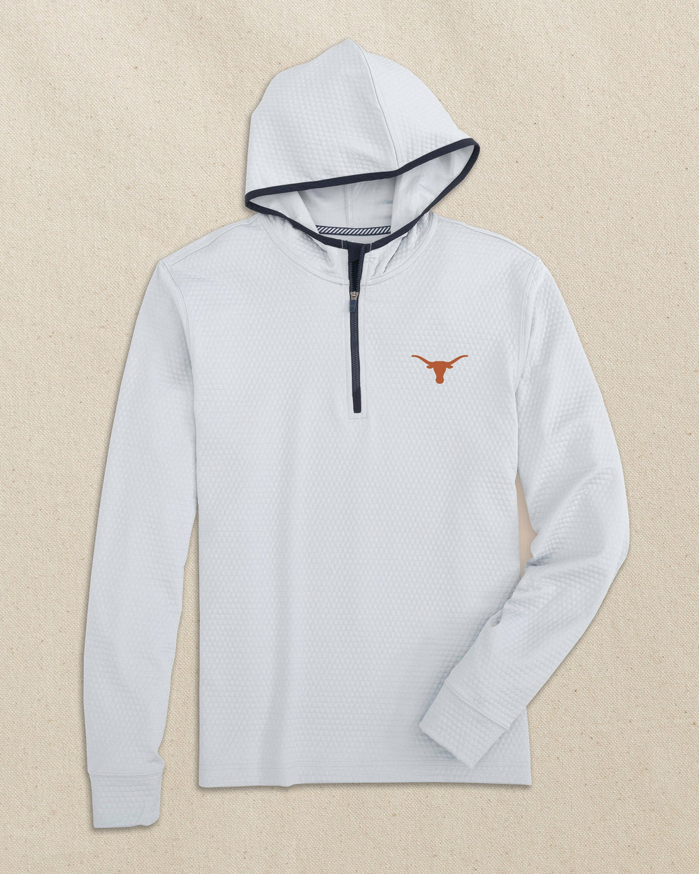 The front view of the Southern Tide Texas Longhorns Scuttle Quarter Zip Hoodie by Southern Tide - Heather Slate Grey