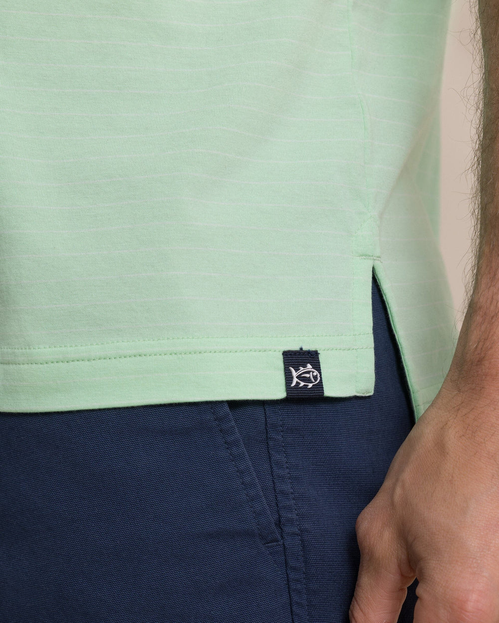 The detail view of the Southern Tide The Seaport Kinston Stripe Polo by Southern Tide - Green Ash
