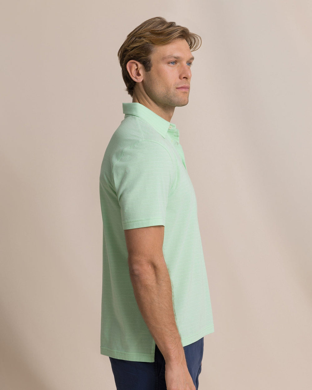 The side view of the Southern Tide The Seaport Kinston Stripe Polo by Southern Tide - Green Ash