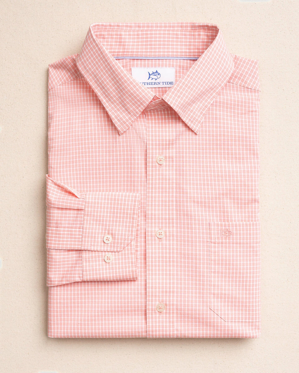 The front view of the Southern Tide Tidal Pool Charleston Sport Shirt by Southern Tide - Peaches N' Cream