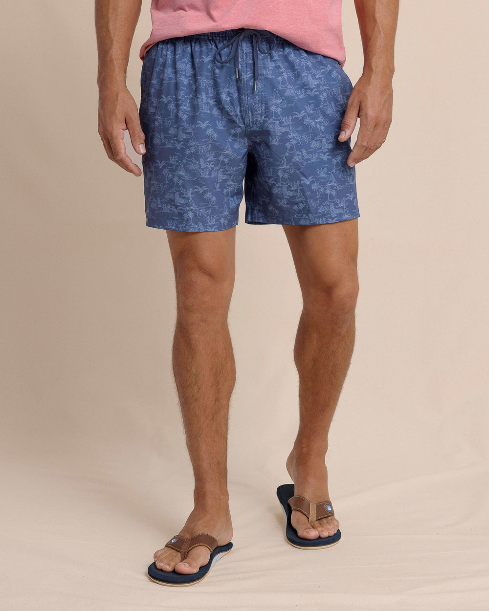 The front view of the Southern Tide Tide To The Shore Swim Trunk by Southern Tide - Light Indigo