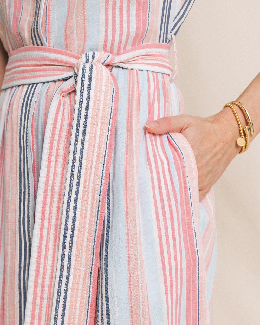 The detail view of the Southern Tide Tinley Striped Belted Midi Shirtdress by Southern Tide - Peaches N' Cream