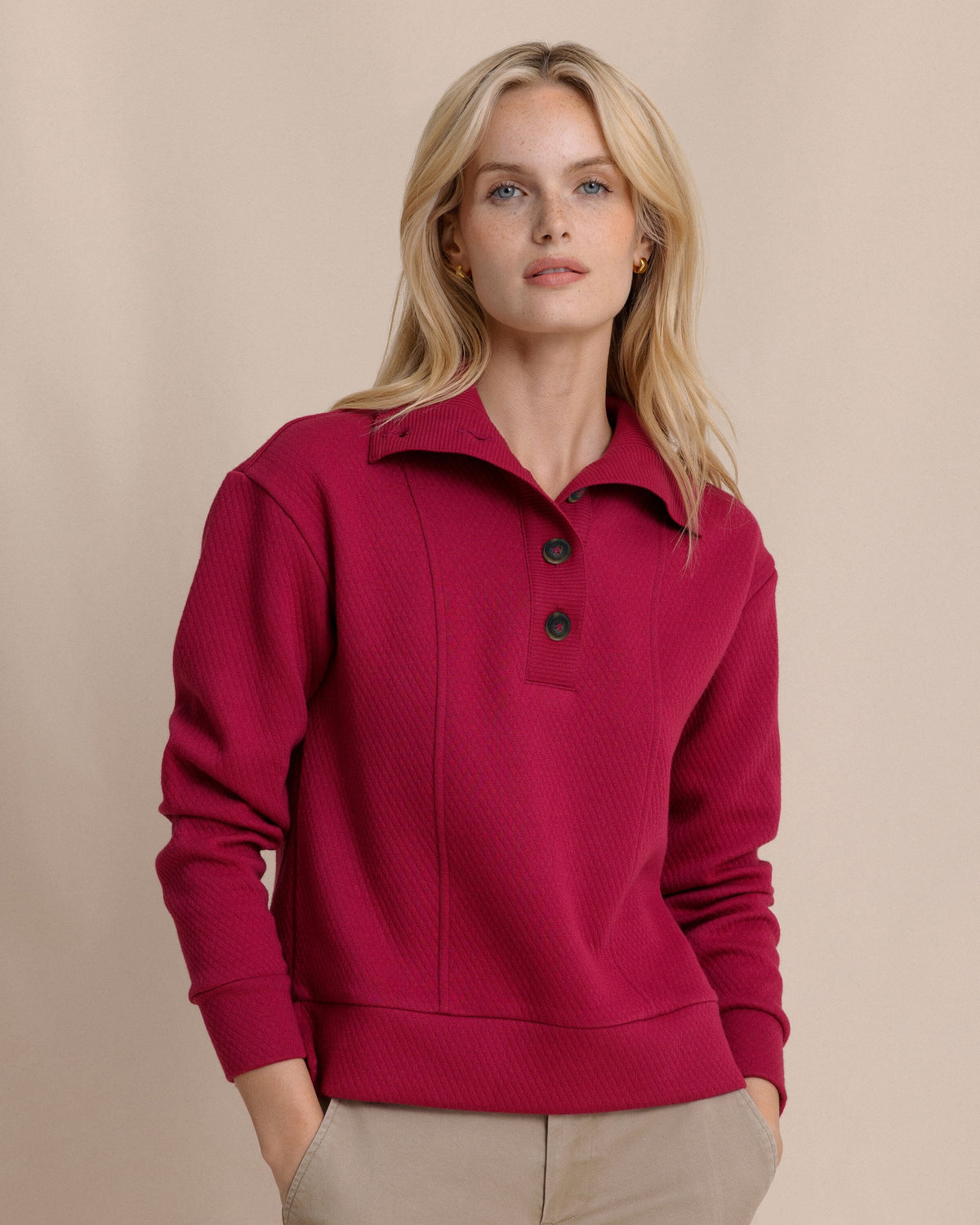The front view of the Southern Tide Tonya Button Mock Pullover by Southern Tide - Carolina Plum