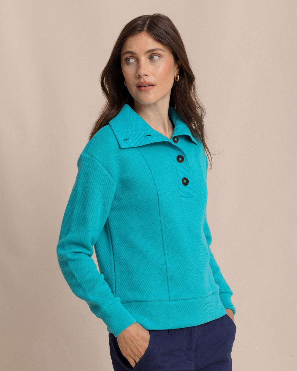 The front view of the Southern Tide Tonya Button Mock Pullover by Southern Tide - Spruce Shade