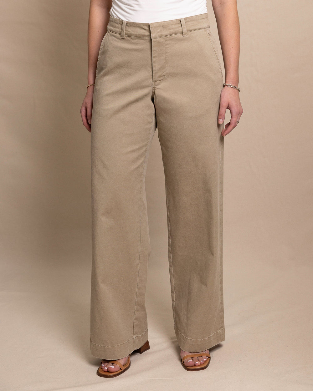 The front view of the Southern Tide Tori Wide Leg Chino Pant by Southern Tide - Sandstone Khaki