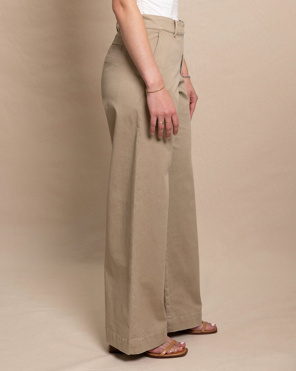 The side view of the Southern Tide Tori Wide Leg Chino Pant by Southern Tide - Sandstone Khaki