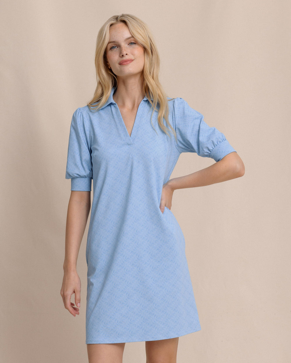 The front view of the Southern Tide Trina Performance Dress by Southern Tide - Cerulean
