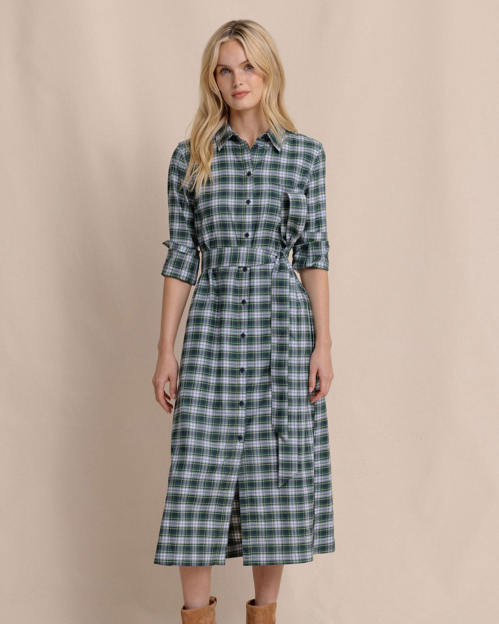 The front view of the Southern Tide Trista Gordan Tartan Shirt Dress by Southern Tide - Salt Meadow