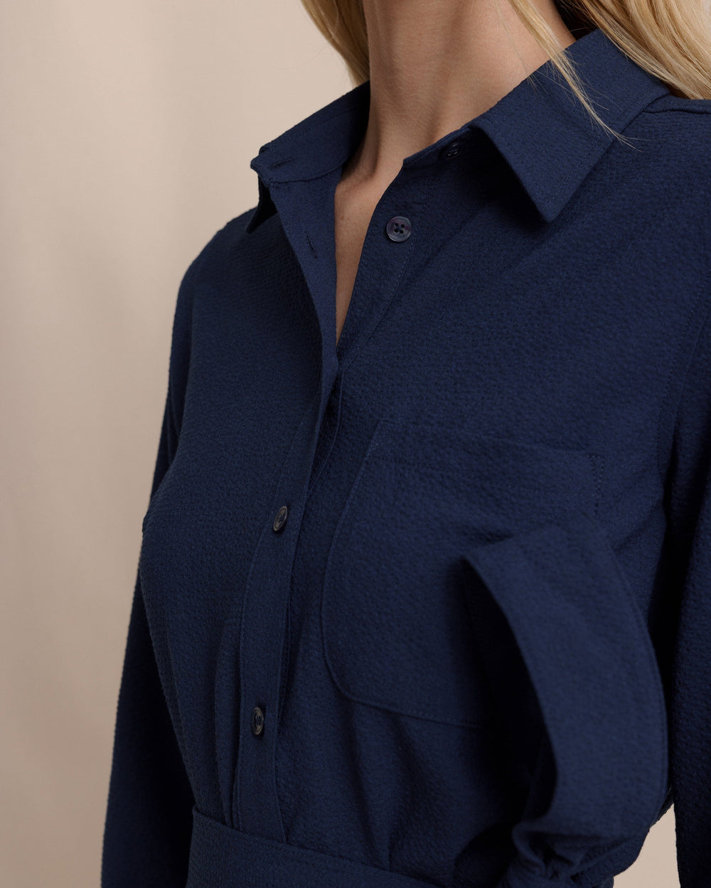 The detail view of the Southern Tide Trista Textured Midi Shirt Dress by Southern Tide - Dress Blue