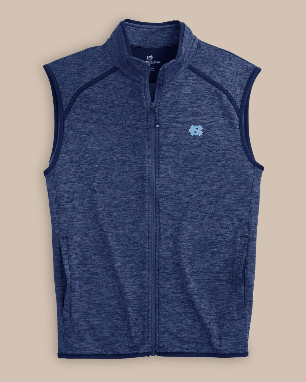 The front view of the Southern Tide UNC Tar Heels Baybrook Heather Vest by Southern Tide - Heather Navy
