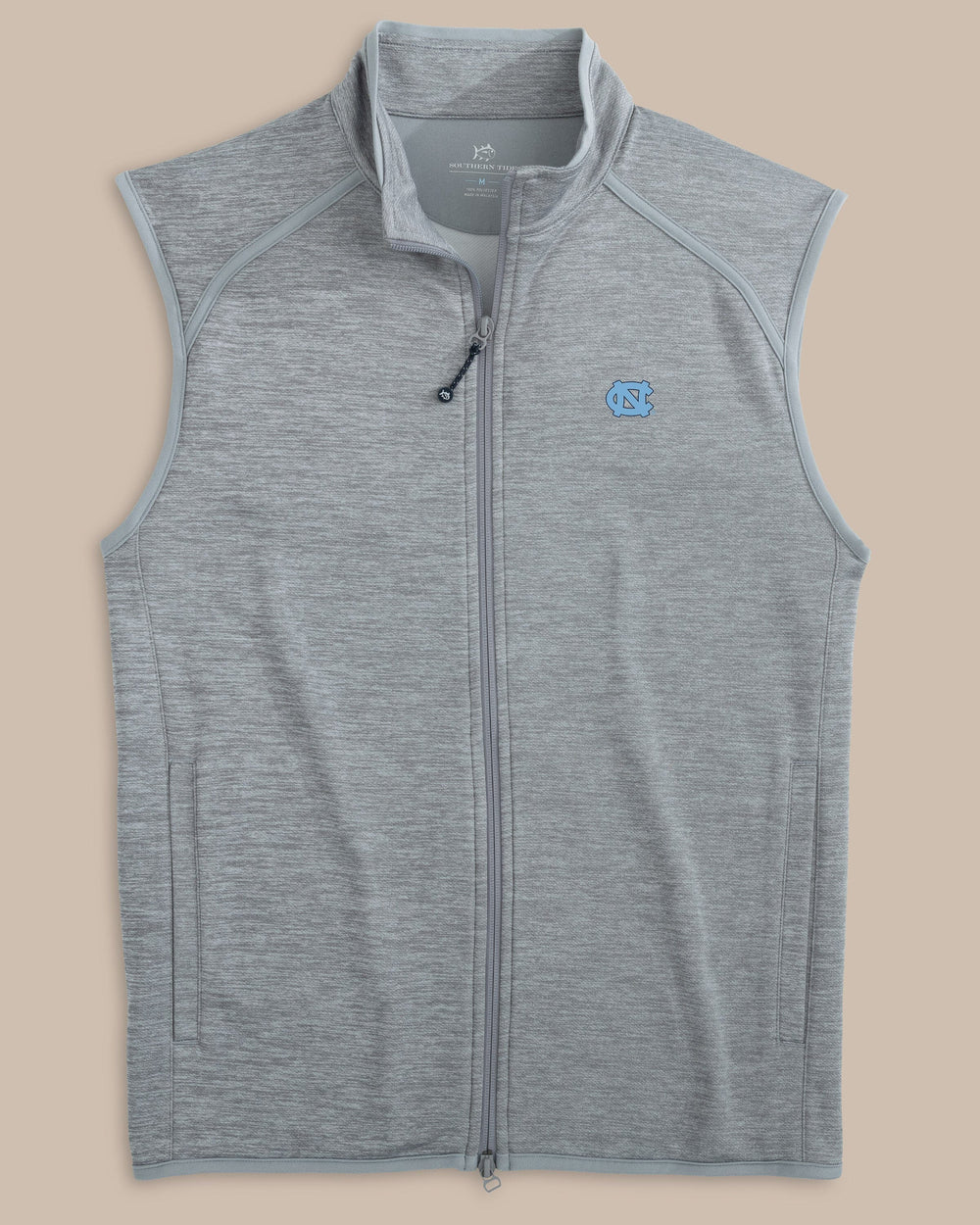 The front view of the Southern Tide UNC Tar Heels Baybrook Heather Vest by Southern Tide - Heather Ultimate Grey