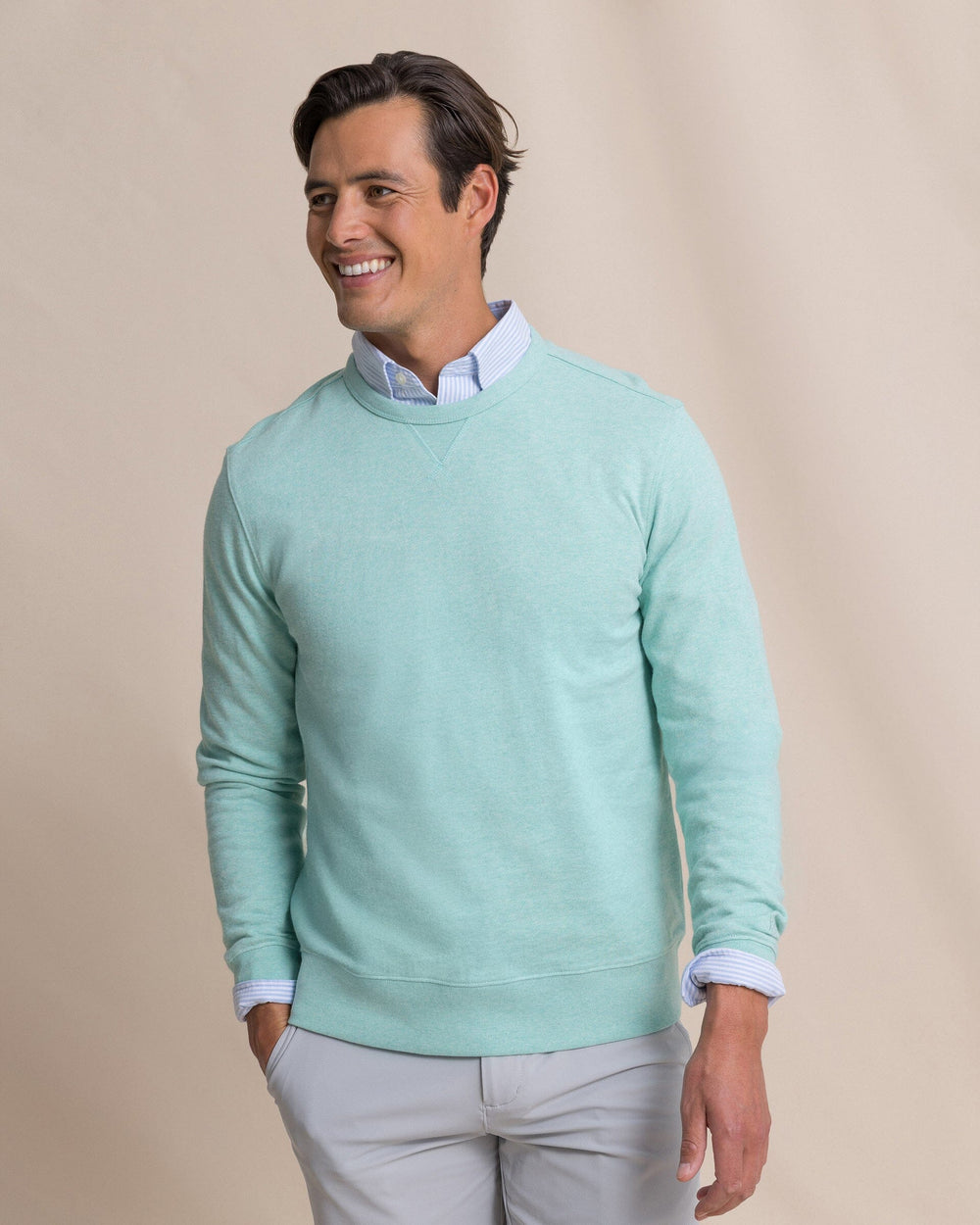 The front view of the Southern Tide Upper Deck Heather Crew by Southern Tide - Heather Gulf Shores
