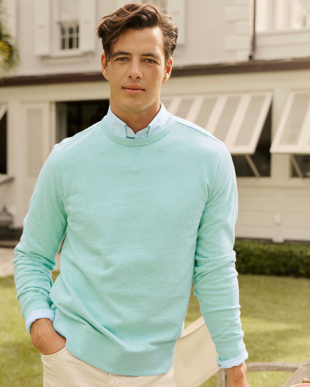 The lifestyle view of the Southern Tide Upper Deck Heather Crew by Southern Tide - Heather Gulf Shores