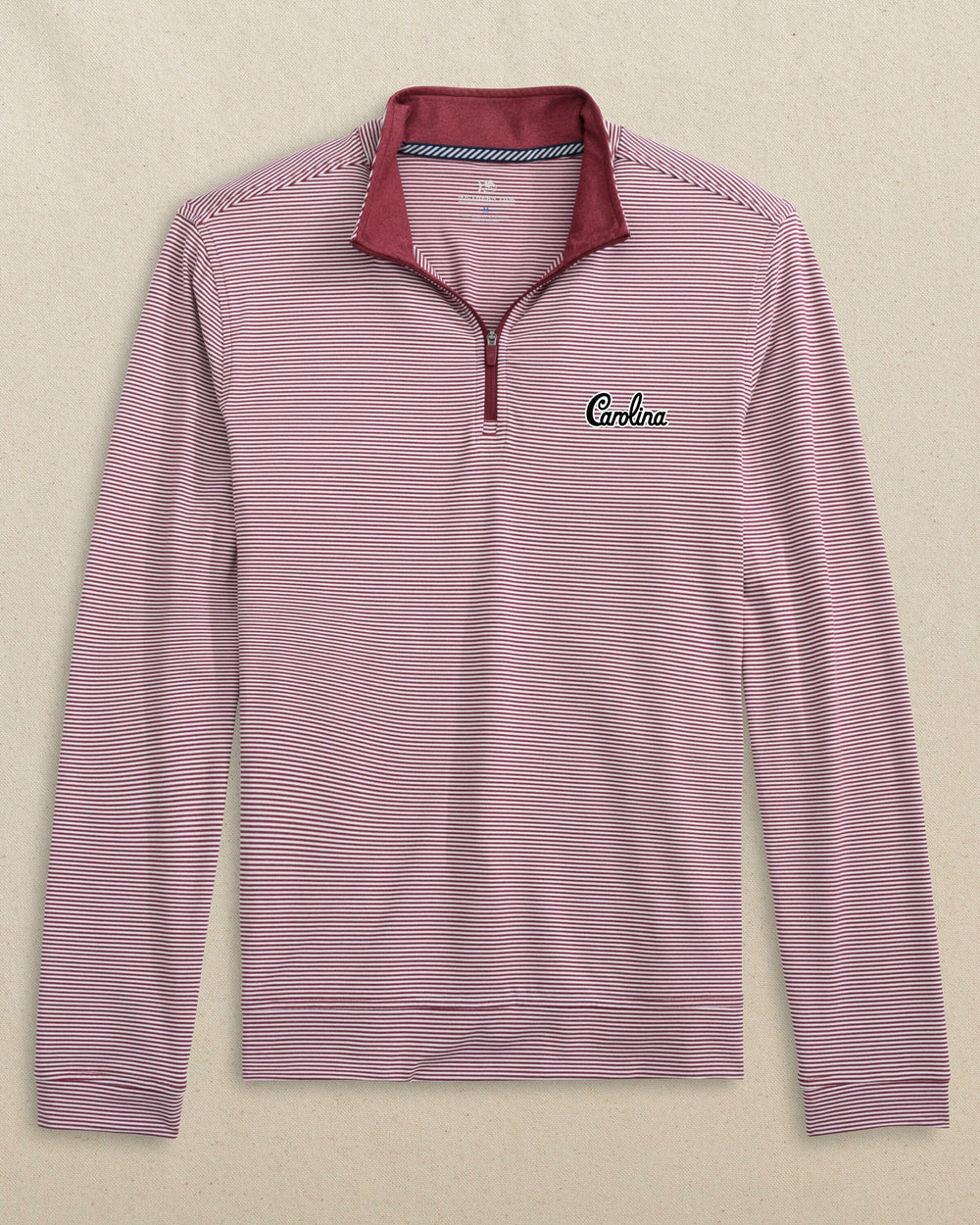 The front view of the Southern Tide USC Gamecocks Carolina Script Cruiser Micro-Stripe Heather Quarter Zip by Southern Tide - Heather Chianti