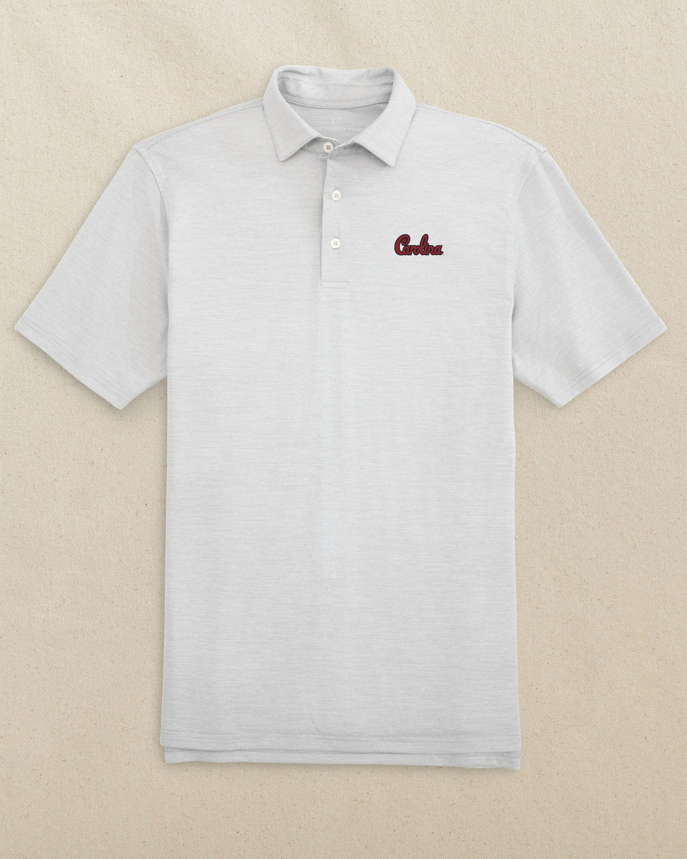 The front view of the Southern Tide USC Gamecocks Carolina Script Driver Spacedye Polo by Southern Tide - Slate Grey