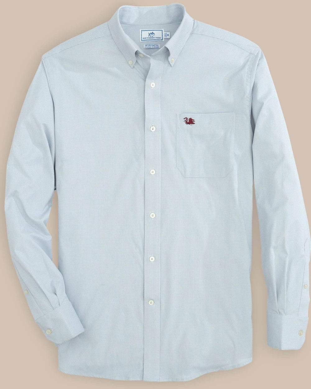 The front view of the USC Gamecocks Gingham Button Down Shirt by Southern Tide - Slate Grey
