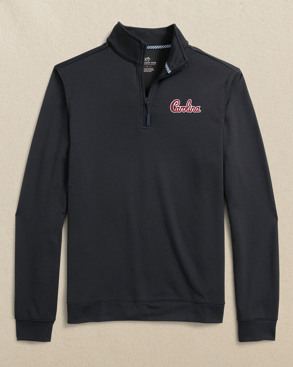 The front view of the Southern Tide USC Gamecocks Schooner Quarter Zip Carolina Script by Southern Tide - Caviar Black