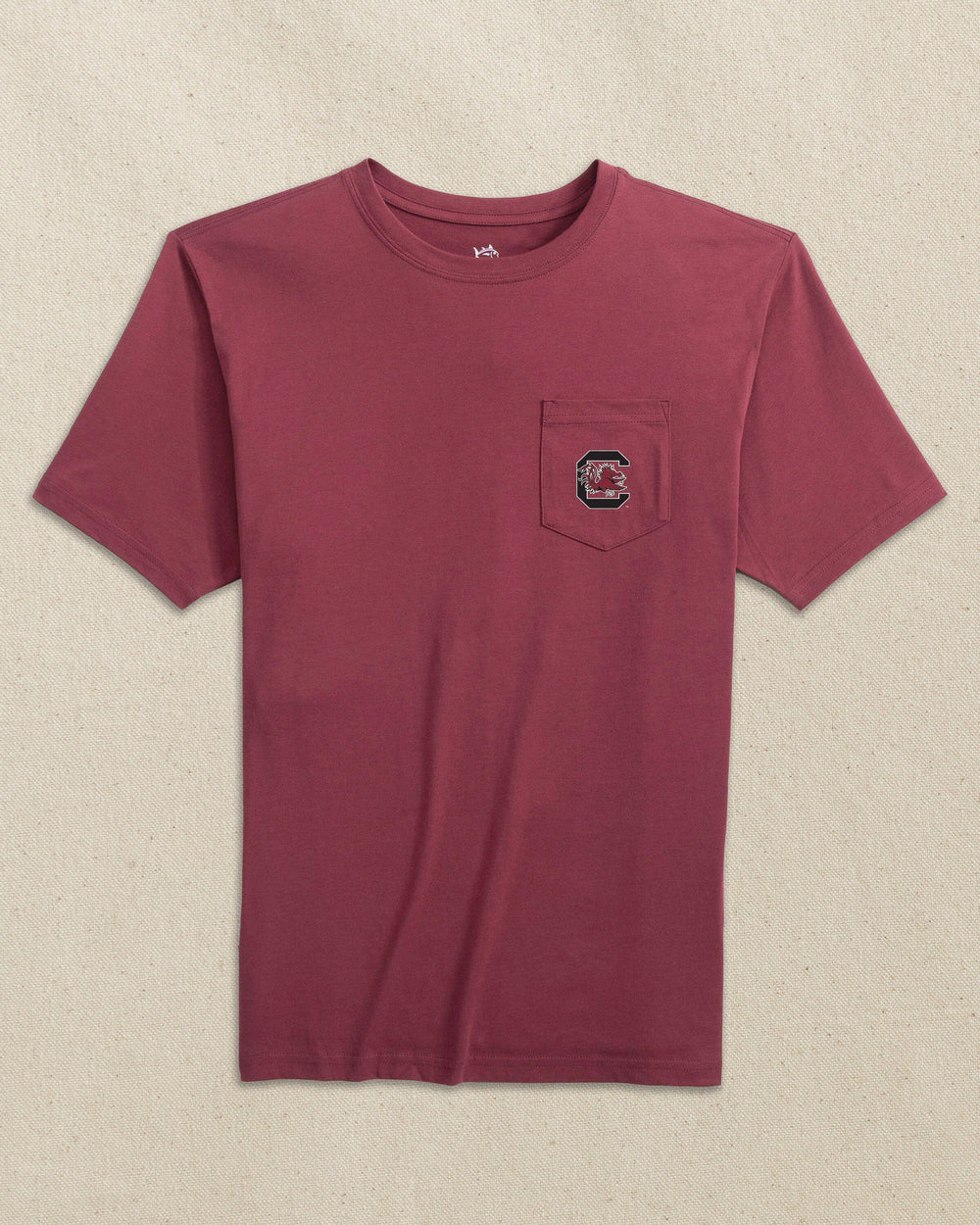 The front view of the Southern Tide USC Gamecocks Skipjack Play Short Sleeve T-Shirt by Southern Tide - Chianti and Black