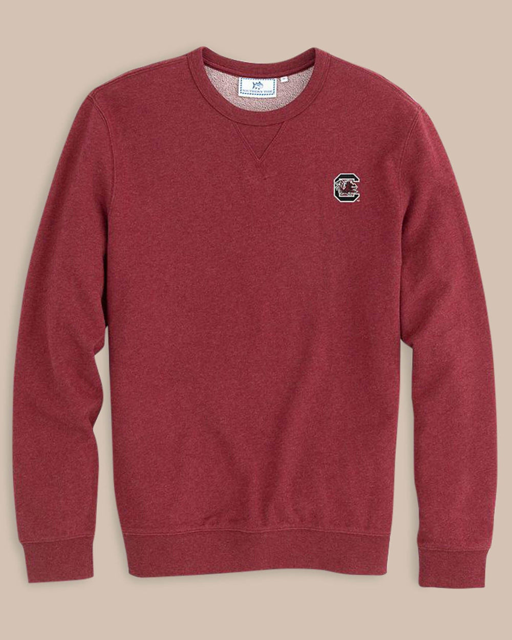 The front view of the Men's Red USC Upper Deck Pullover Sweatshirt by Southern Tide - Heather Chianti