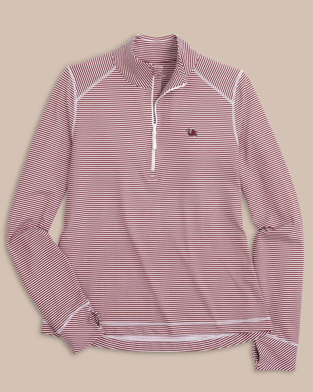 The front view of the Southern Tide USC Gamecocks Striped Runaround Quarter Zip by Southern Tide - Chianti
