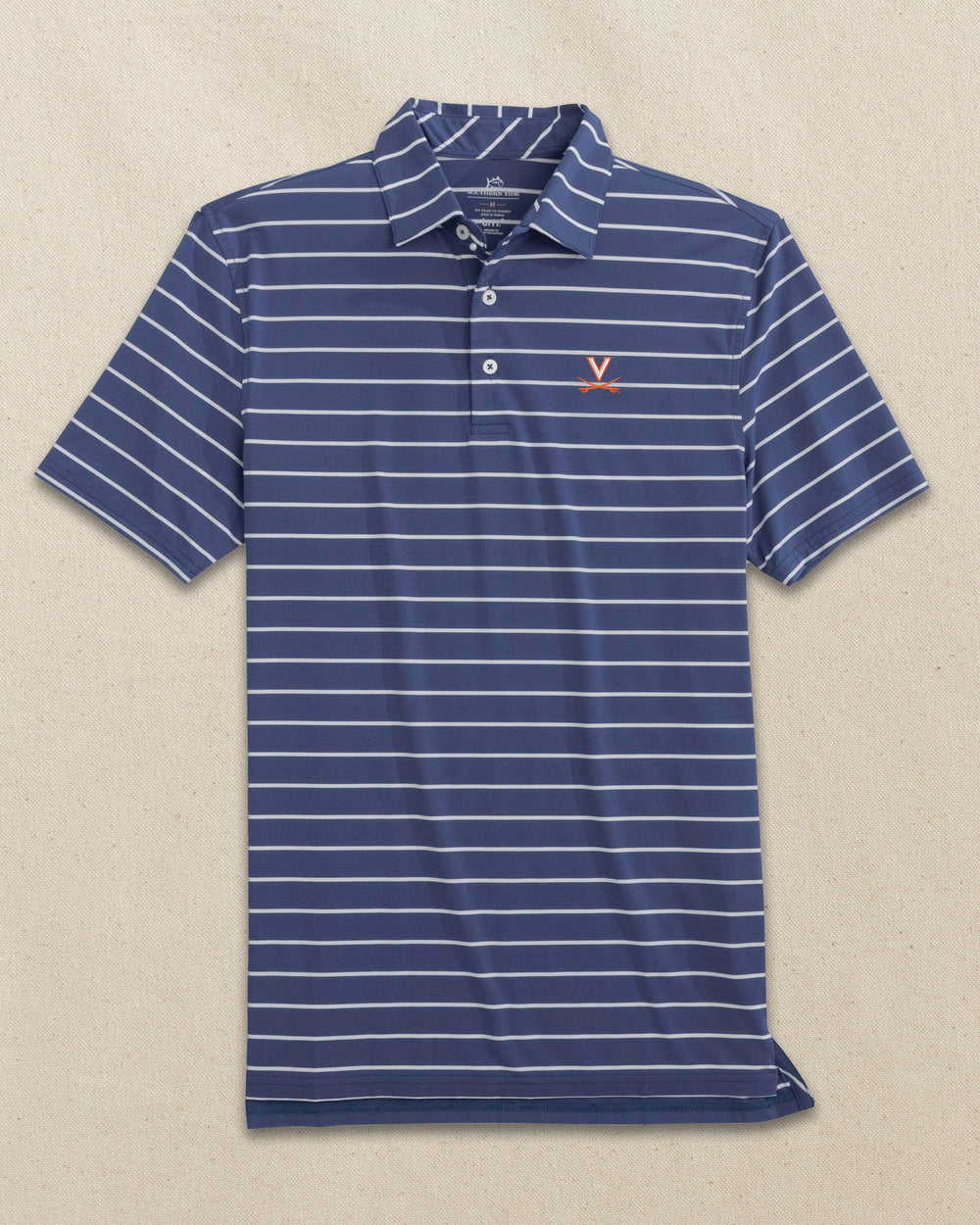 The front view of the Southern Tide UVA Cavaliers brrr°®-eeze Desmond Stripe Polo by Southern Tide - Navy