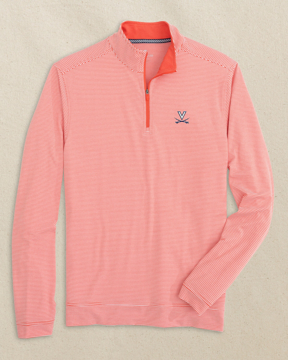 The front view of the Southern Tide UVA Cavaliers Cruiser Micro-Stripe Heather Quarter Zip by Southern Tide - Heather Endzone Orange