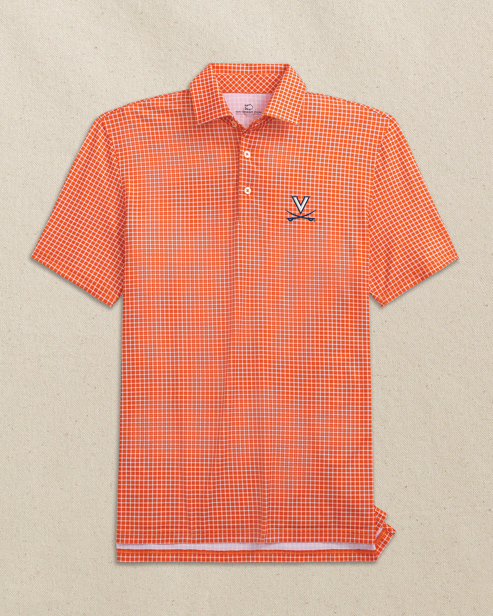 The front view of the Southern Tide UVA Cavaliers Driver Dunes Edge Plaid Polo by Southern Tide - Endzone Orange