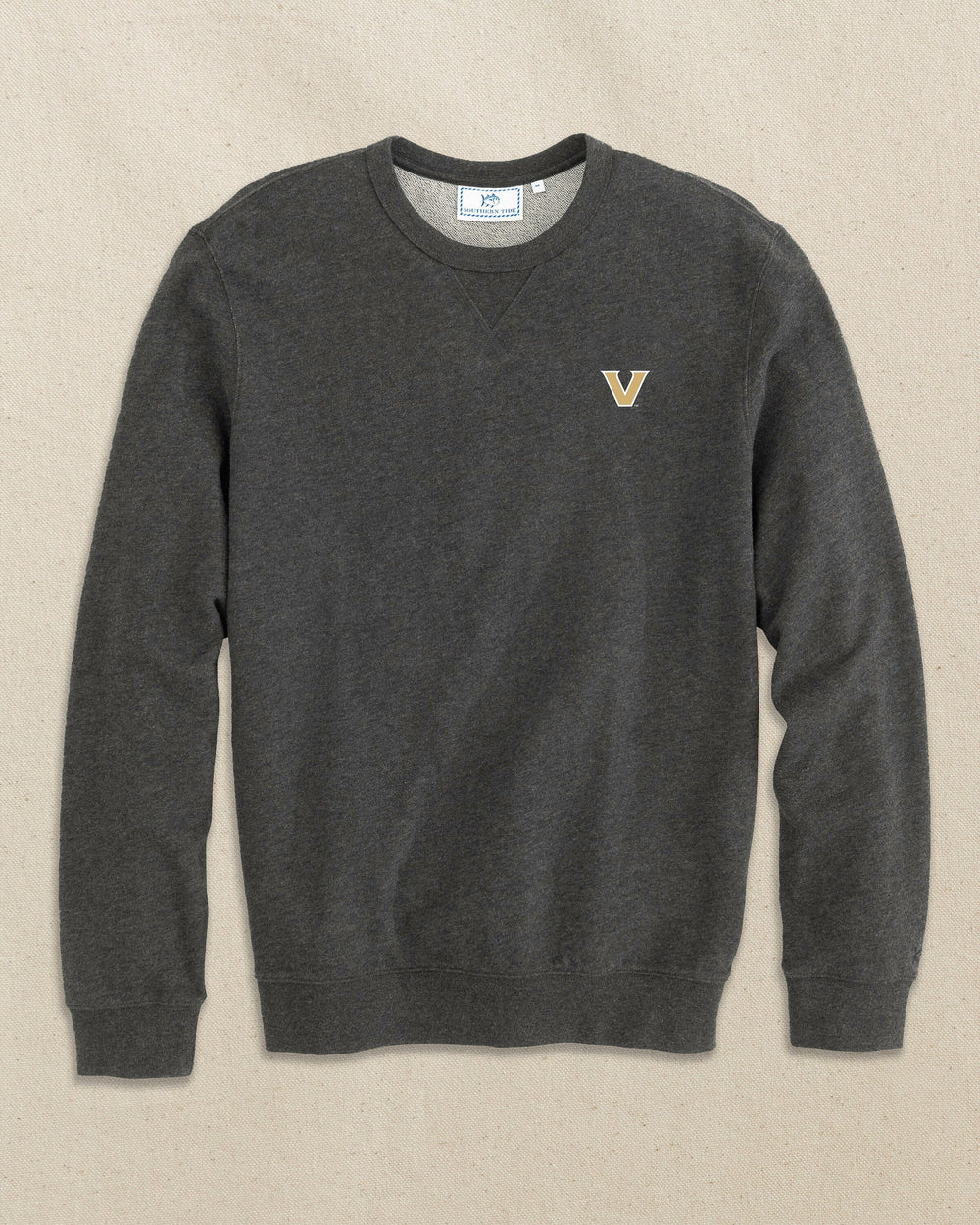 The front view of the Southern Tide Vanderbilt Commodores Upper Deck Pullover Sweatshirt by Southern Tide - Heather Black