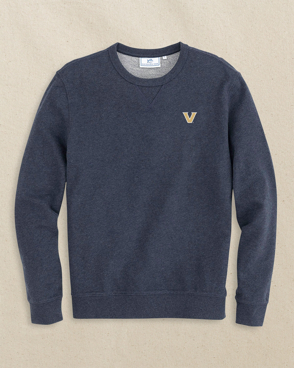 The front view of the Southern Tide Vanderbilt Commodores Upper Deck Pullover Sweatshirt by Southern Tide - Heather Navy
