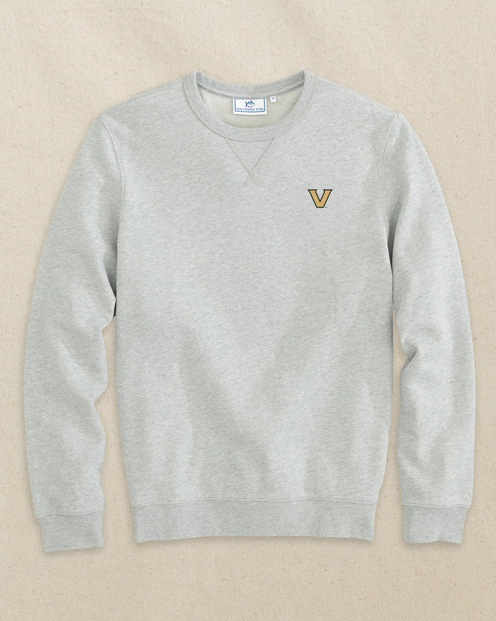 The front view of the Southern Tide Vanderbilt Commodores Upper Deck Pullover Sweatshirt by Southern Tide - Heather Slate Grey