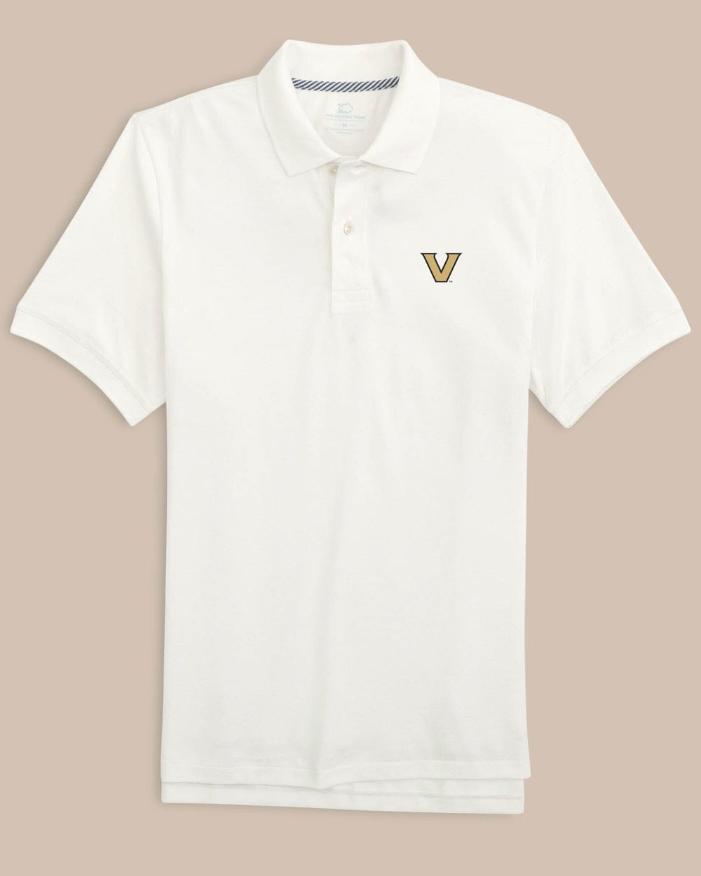 The front view of the Vanderbilt Commodores Skipjack Polo by Southern Tide - Classic White