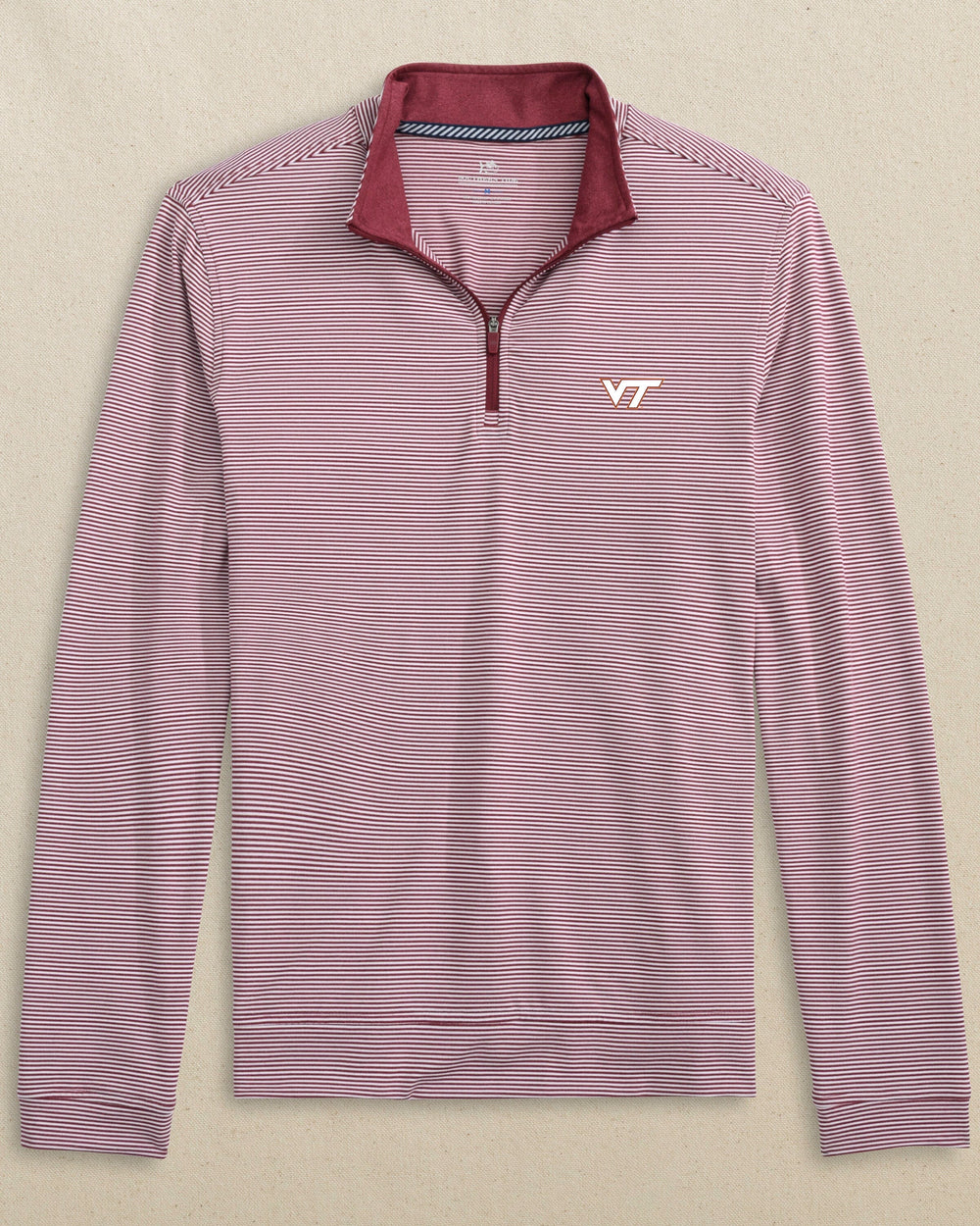 The front view of the Virginia Tech Hokies Cruiser Micro-Stripe Heather Quarter Zip by Southern Tide - Heather Chianti