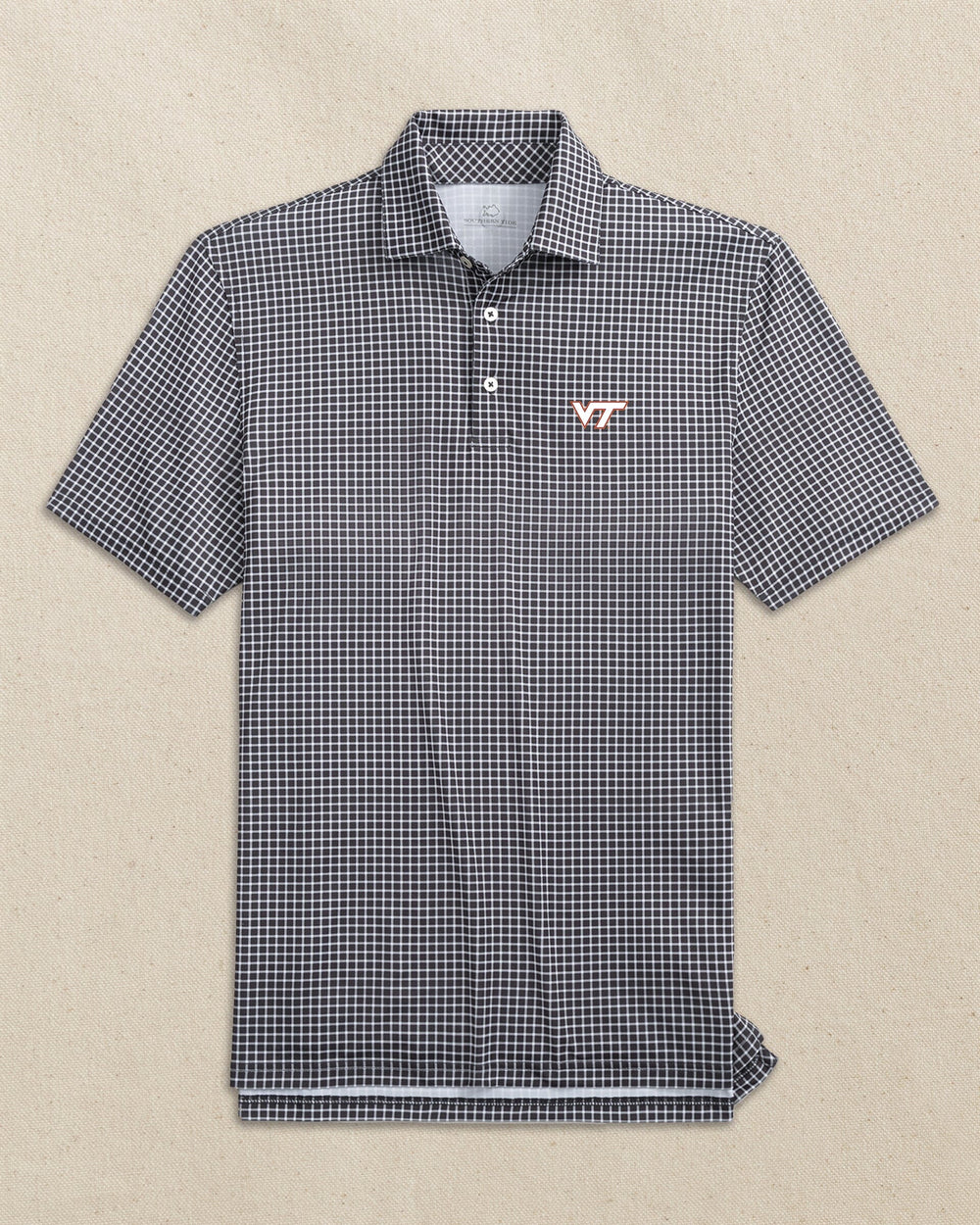 The front view of the Southern Tide Virginia Tech Hokies Driver Dunes Edge Plaid Polo by Southern Tide - Black