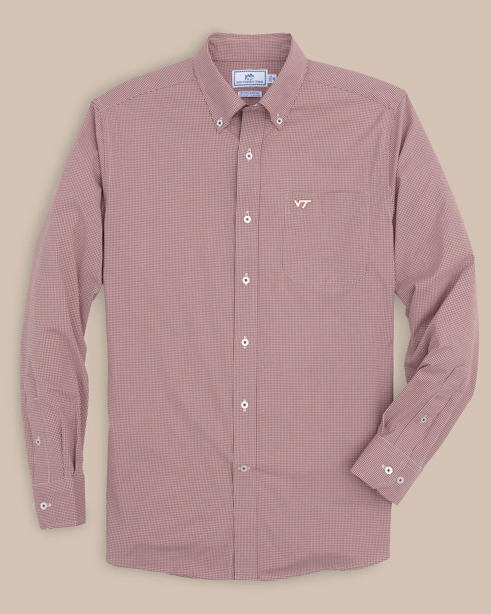 The front view of the Southern Tide Virginia Tech Hokies Gingham Button Down Shirt by Southern Tide - Chianti