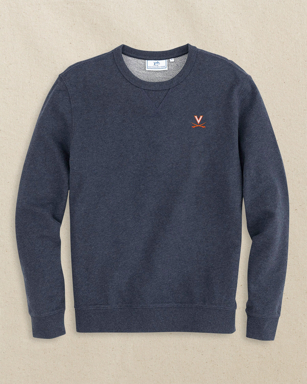 The front view of the Southern Tide UVA Cavaliers Upper Deck Pullover Sweatshirt by Southern Tide - Heather Navy