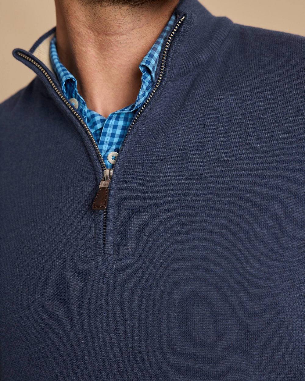 The detail view of the Southern Tide Whitehaven Heather Quarter Zip Sweater by Southern Tide - Heather Nautical Blue