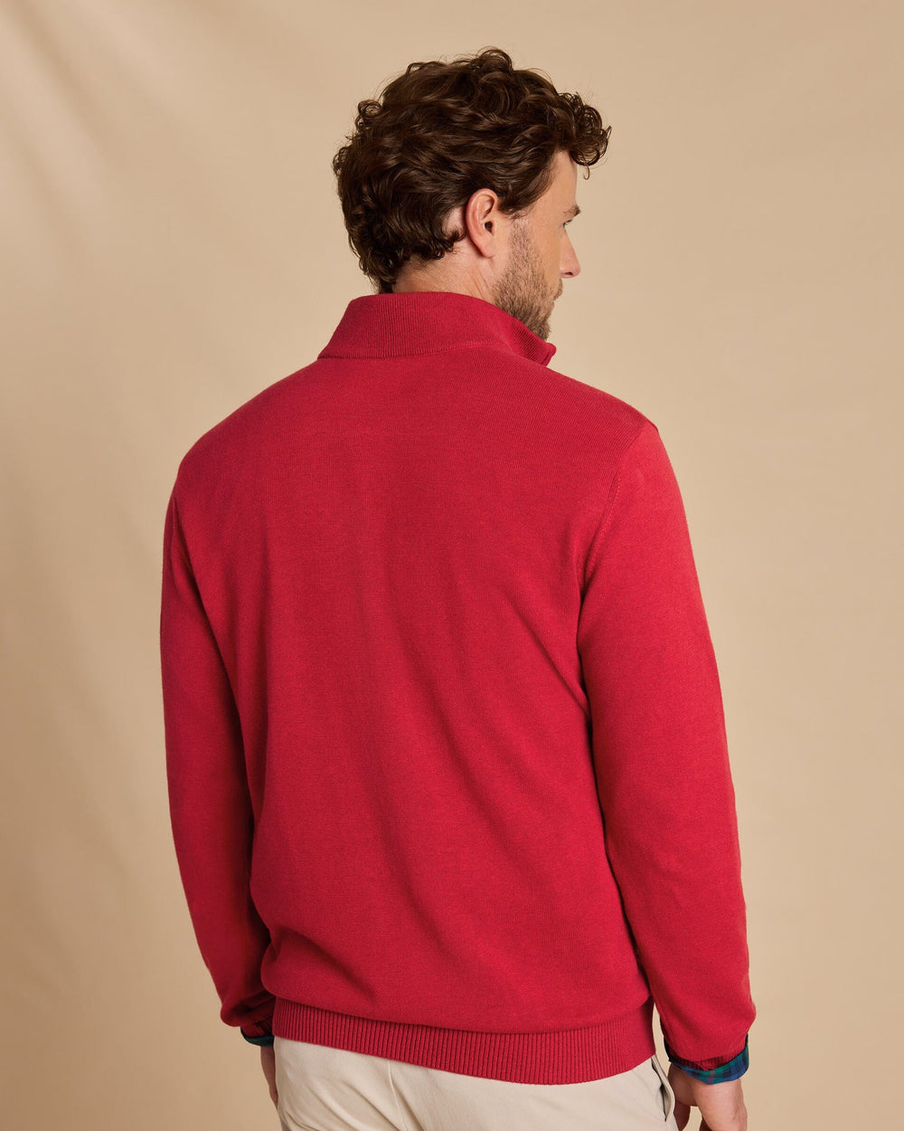 The back view of the Southern Tide Whitehaven Heather Quarter Zip Sweater by Southern Tide - Heather Salsa Red