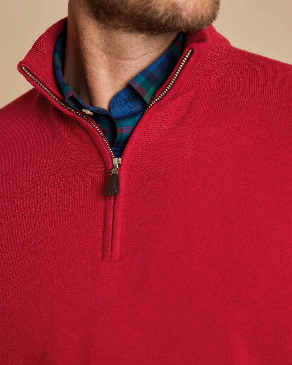 The detail view of the Southern Tide Whitehaven Heather Quarter Zip Sweater by Southern Tide - Heather Salsa Red