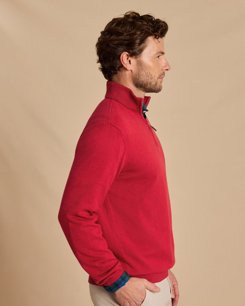 The side view of the Southern Tide Whitehaven Heather Quarter Zip Sweater by Southern Tide - Heather Salsa Red