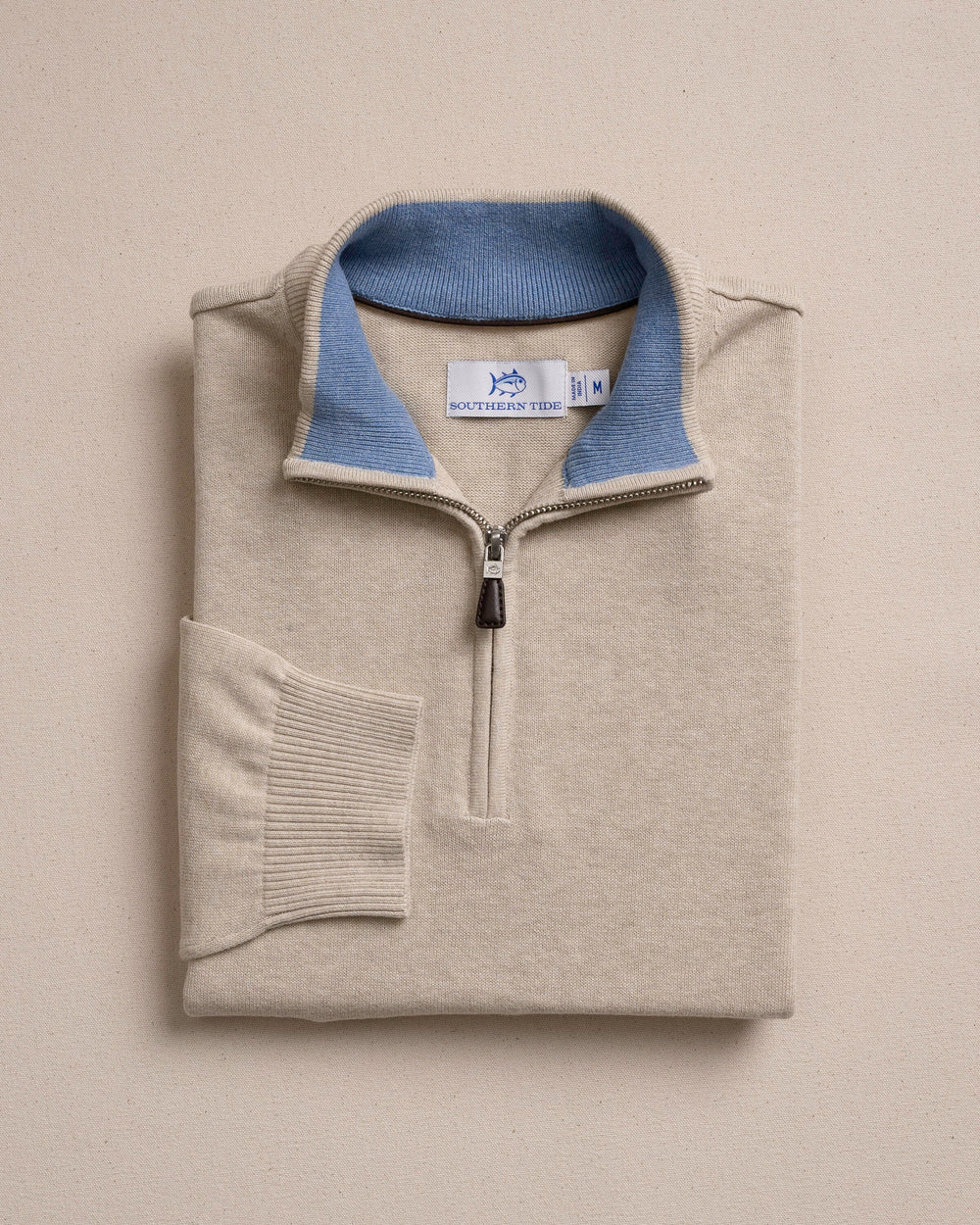 The front view of the Southern Tide Whitehaven Heather Quarter Zip Sweater by Southern Tide - Heather Sand Dunes