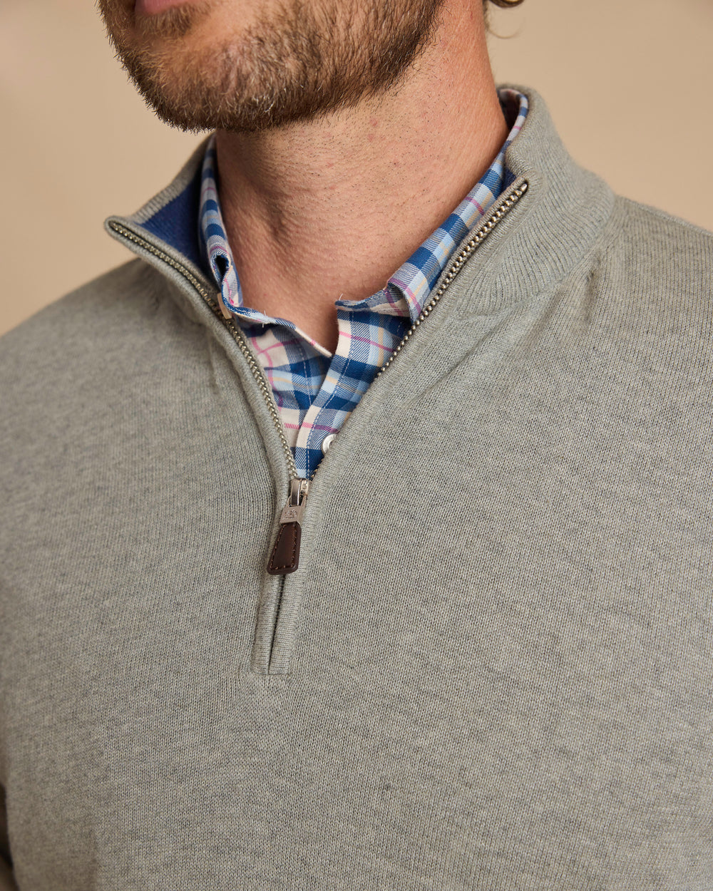 The detail view of the Southern Tide Whitehaven Heather Quarter Zip Sweater by Southern Tide - Heather Storm Grey