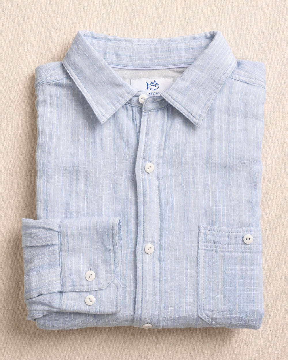 The front view of the Southern Tide Windward Stripe Heather Double Cloth Sport Shirt by Southern Tide - Heather Ocean Channel