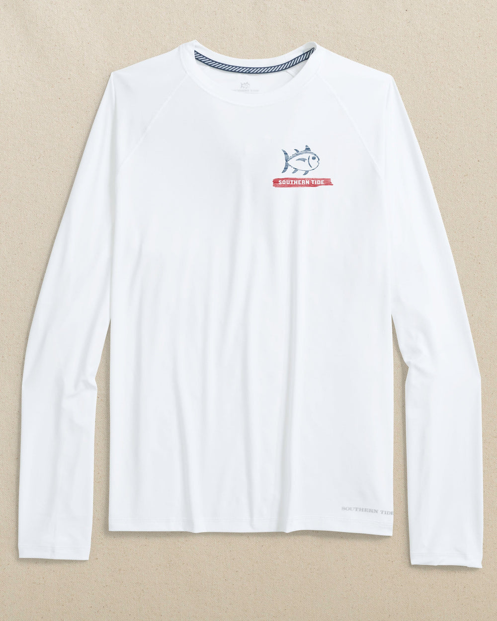 The front view of the Southern Tide Wooden Flag brrr°®-illiant Long Sleeve Performance T-Shirt by Southern Tide - Classic White